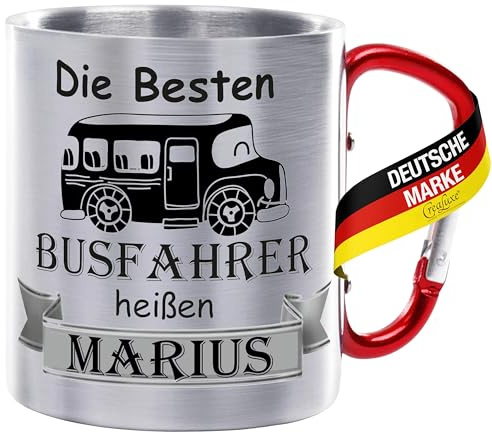 Crealuxe Edelstahltasse mit Karabiner - Die Besten Busfahrer heißen Wunschname - 330ml, Tasse personalisiert, Kaffeetasse, Bürotasse, Metalltasse mit Name