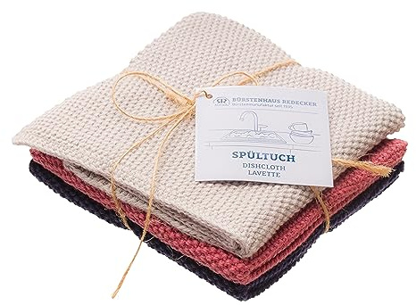 Redecker Knitted Dish Cloth, Set of 3, Machine Washable, Blue/Rose/Grey