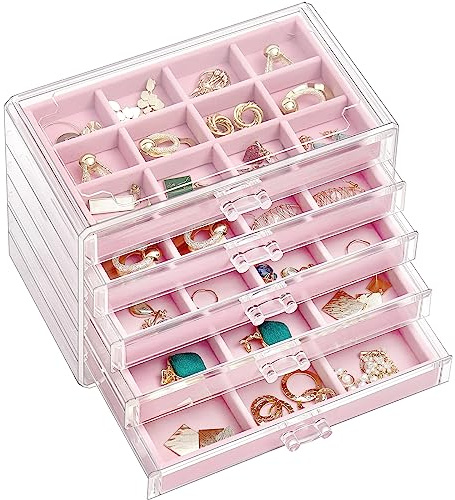 ProCase Acryl Schmuck Organizer Schmuckschatulle für Damen Durchsichtige Schmuckaufbewahrung Schmuckkästchen Schmuckbox mit 5 Schubladen für Ohrringe, Ringe, Armbänder -Rosa | Jewelry Organizer mit Schubladen, Stapelbares Schmucktablett für Ringe Armbänder und weiteren Schmuck