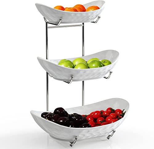 Acliys Obstschale, 3 Etagen Keramik Obstkorb, 3 Etagen Servierständer Servierschale mit Metallgestell, Porzellan Küchenschalen für Obst Gemüse Snack Nüsse Dessert Kuchen Tablett für Party Hochzeit