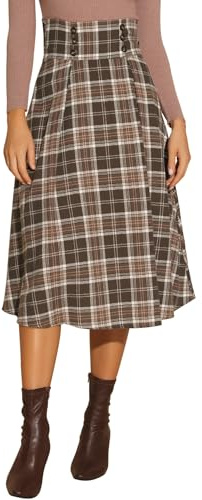 Allegra K Cintura Alta elástica a Cuadros para Mujer Vintage Otoño Invierno A-Line Midi Falda marrón S