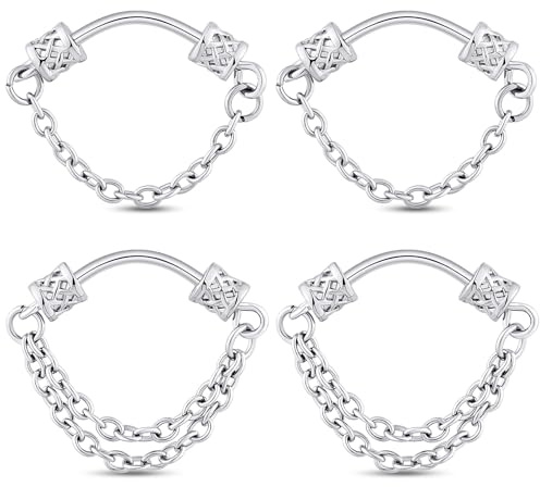 Longbeauty 16G Dangle Septum Piercing Schmuck Silber Nasenpiercing Nasenringe für Damen Herren 316L Edelstahl mit Nasenketten, 4 Stk, 12MM