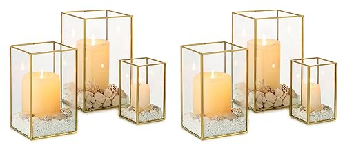 NUPTIO Glas Windlicht Kerzenständer Gold: Stumpenkerzen Kerzenhalter | Set von 6 Gehärtetes Laternen Outdoor für Hochzeit tischdeko Weihnachten Halloween Wohnzimmer Tischplatte Metall
