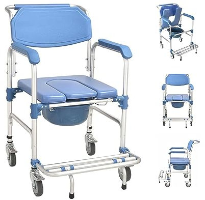 Pxkmouy Commode Wheelchair, Height Adjustable Toilet Shower Chair with Removable Bucket, Sponge Cushion, Mobile Bedside Commodes for Elder, Disabled People with 4 Wheel Brakes(360°)