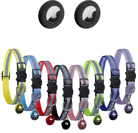 KZ – GPS-Halsband für Katzen Airtag – 10 Stück reflektierendes Katzenhalsband mit Glocke – Katzenhalsband personalisierbar 18 cm-32 cm (2 Airtag-Katzenhalter und 8 Katzenhalsband)