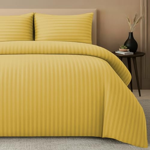 Pamposh, Set copripiumino matrimoniale a righe satinate, qualità alberghiera, biancheria da letto ipoallergenica ultra morbida in microfibra
