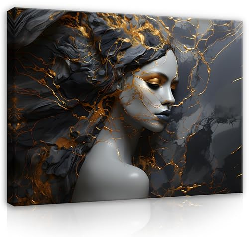 WallArena Leinwand Bilder - Frau Abstrakt Marmor Gold Schwarz - 120x80 cm | Leinwandbilder, Bild auf leinwand, Wandbild XXL groß Wandbilder für Wohnzimmer Schlafzimmer Wohnzimmerbilder