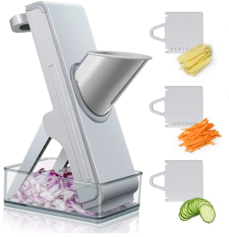 CVNIMV Food Slicer Mandolin, for Potatoes,Vegetable,Meat,Onions Kitchen Chopper Artifact, Safe Slicer Mandoline with Container, Thickness Adjuster Multi Blades,Blue (Gray)