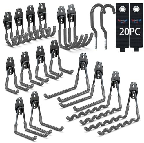 3-H Garageväggkrokar 20-pack, garagekrokar slitstarka med extra svetsfläckar, garageorganisatör för trädgård, gräsmatta, stolar, stegar, ogräsätare, spade (grå)