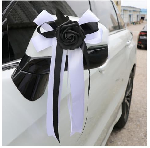 Pmnzdy 4 Stück Autoschleifen Seidenblume Simulation Blume Schleife Autoschmuck Auto Car Türgriffleiste Rückspiegel Hochzeit Stuhl Zurück für Kirche Hochzeitsauto Hochzeit Beerdigung Party Schwarz Weiß