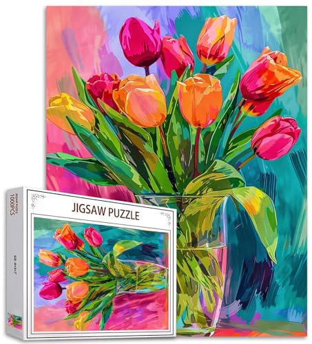 Tucocoo Puzzle 1000 Pièces pour Adultes - Vase de Tulipes - Peinture Florale Colorée - Art Vintage - Jeu d'Activités Familiales - Décoration
