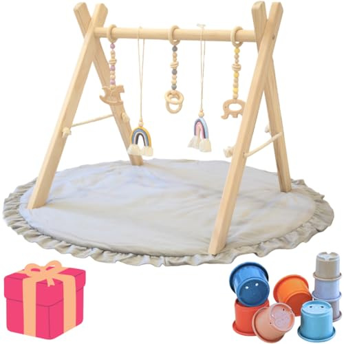 Lucknel Montessori - Arco da gioco per bambini, in legno con tappetino da gioco, 90 cm, a partire dai 3 mesi, 5 giocattoli sospesi, pieghevole, naturale, con bicchiere impilabile, regalo come accento