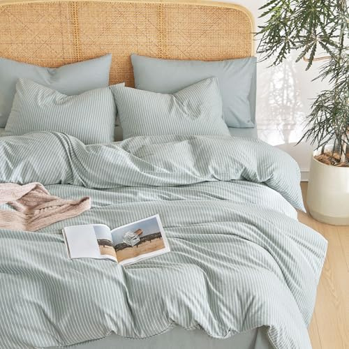 Wake In Cloud - Striped Cotton Duvet Cover Set, 100% Washed Cotton Textured Percale Bedding Set, Ticking Stripe Pinstripe Farmhouse, 3 Pieces, Greyish Blue, Twin Size