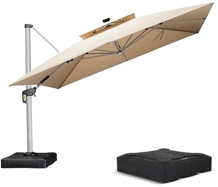 PURPLE LEAF Parasol Déporté 3,65 x 3,65 m Carré avec LED et Pied, Parasol de Jardin Extérieur à Toit Double Rotatif 360°,Protection UV, Pour Terrasses, Piscines, Restaurants Extérieurs, Beige
