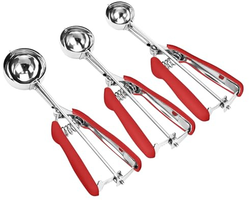 Cookie Scoop Set, 3Pcs Ice Cream Scoop, Cookie Scoops for Baking Set of 3, 18/8 Stainless Steel Cookie Scooper for Baking, Ice Cream Scooper with Trigger Release, Red Soft Grip Cookie Dough Scoop