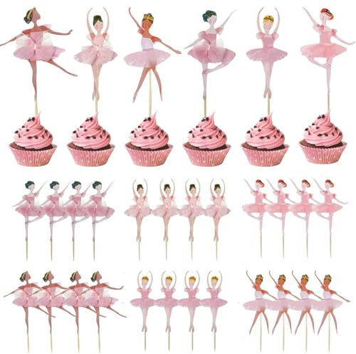 24 Stück Ballerina Cupcake Toppers Rosa Ballettrock Design, Tortendeko für Mädchen, Ballerina Geburtstag Deko, Cupcake Topper für Babyparty, Hochzeit und Ballett Party Dekoration