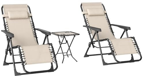Outsunny Set di 2 Sedie Sdraio da Giardino Zero Gravity e Tavolino con Portabicchieri, Set Sedie Pieghevoli con Poggiatesta e Tessuto Traspirante, Schienale Regolabile a 5 livelli, Beige
