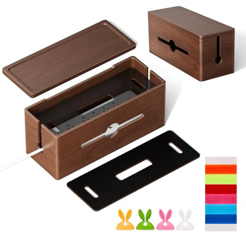 HomeBliss Extra Large Cable Management Box – Brown Double Layer Wooden Cord Organizer with Divider for Desk, TV Stand, Kitchen, and Office （NO Power Strips or Chargers）