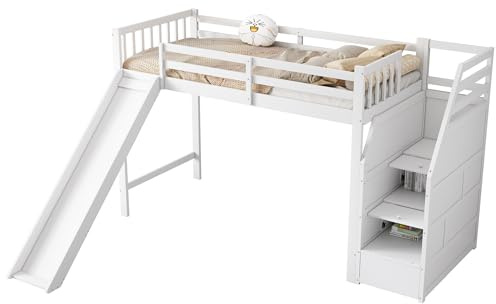 Goldicoo Mittel Hochbett 90x200 Holz für Kleinkind Kinder Jugend mit Treppe, Kinderbett mit Rutsche