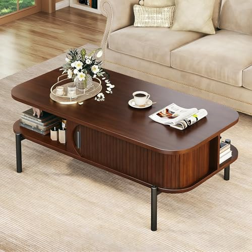 Coffee Table, 39.4 Mid Century Modern Coffee Tables for Living Room, Coffee Table with Storage Open Shelf, Fluted Table with Sliding Cabinet Door, 2-Tier Rustic Wood Desktop, Walnut