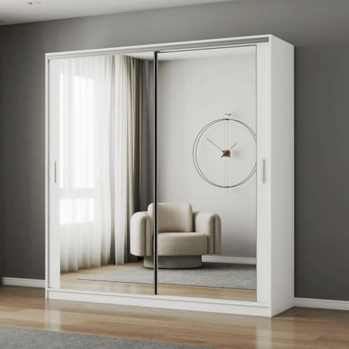 FHI-DUBAI Mirrored Sliding Door Wardrobe with Full Mirror | Modern Bedroom Storage | Multiple Sizes & Colours | Optional LED & Assembly (White, 203cm)
