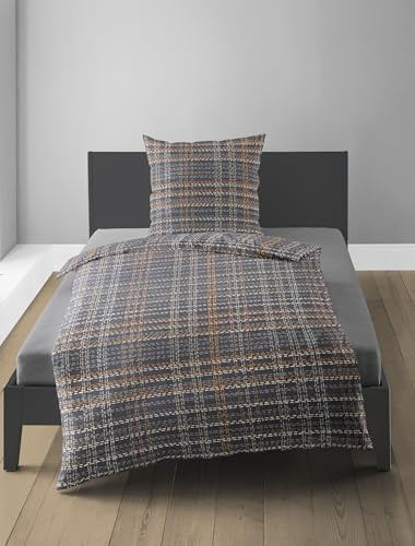 Bierbaum Parure de lit 4143 en Flanelle Fine, 100% Coton, conçue en Allemagne, Graphite 10, 135 x 200 cm + 80 x 80 cm