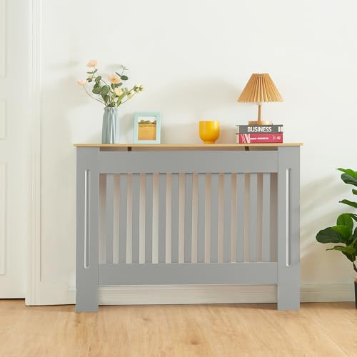 Panana Radiator Cover Cabinet, Modern Painted MDF with Slatted Grill Design (Grey with wood top, M)