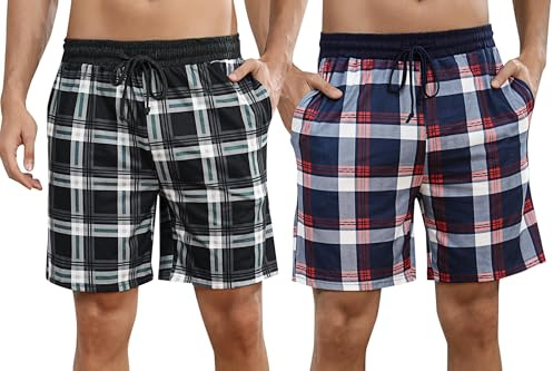 Marvmys Bas De Pyjama Short Homme Coton D'été Pantalon De Pyjama à Carreaux Pantalon Court Pyjama Hommes Décontractés Élastique Avec Poches