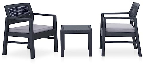 QJBSAVVA 3-TLG Kunststoff Lounge-Set grau/anthrazit, platzsparend, 59×46×40 cm Tisch, 63×59×75 cm Stühle, Balkon, Terrasse, Camping
