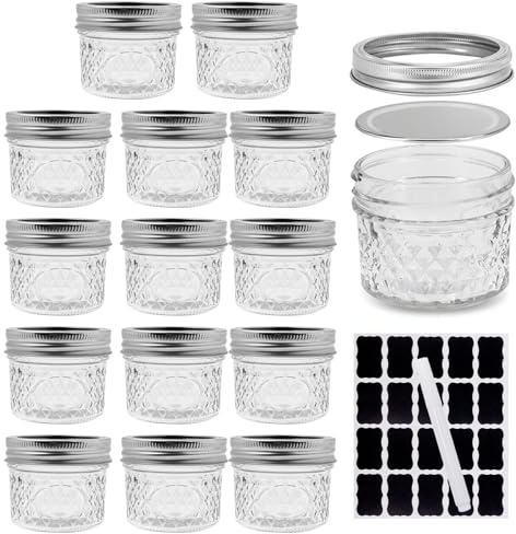 Lot de 15 Mini Bocaux Mason en Verre 120 ml avec Couvercles Argentés – Petit Pot de Confiture à Motif Diamant, Bocaux à Épices Hermétiques pour Cuisine, Mariage et DIY – Étiquettes et Stylo Inclus