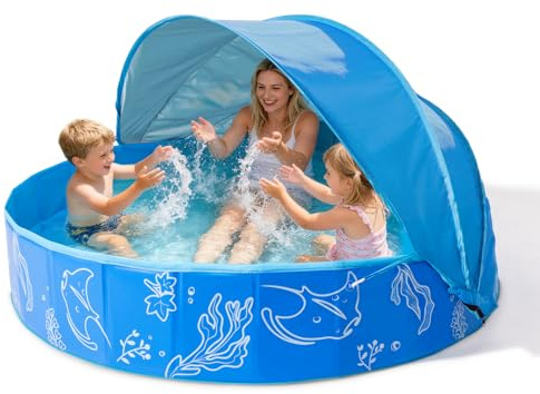 Hikiddy Planschbecken mit Schatten:31.5Zoll /47 Zoll / 63 Zoll Pop-Up Splash Pool mit Schatten für Sommer Strand Garten (Blau, 160CM)