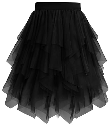 Vlazom Falda de Tul para Mujer Corte Alto-Bajo con Capas Irregulares, Cintura Alta Elástica y Estilo Hada Falda Mediana Voluminosa y con Vuelo(S/M,Negro)