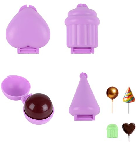 Penitue 4uds Molde Cake Pop Conjunto, Corazón Redondo Esfera Cupcake Forma Prensa Herramientas Reutilizable Plástico Pastel Piruleta Cortador y Empujador para DIY Hogar Horneado Postres (Morado)