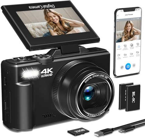 Fotocamera digitale 4K per fotografia, 64 MP HD WiFi Vlogging fotocamera per YouTube con 3 pollici 180 ° Flip Screen, zoom digitale 18x, fotocamera compatta autofocus con flash, scheda TF da 32 GB e 2