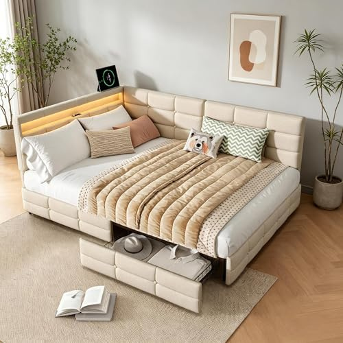 PerGar Polsterbett 140x200cm L-Form mit LED & USB Lader, Eckbett mit 2 Schubladen & Stauraum, Tagesbett aus Leinenstoff, Wechselbare Seite (Links/Rechts), für Jugendzimmer & Gästezimmer, Beige