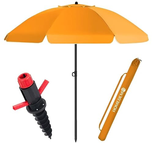 HOMEDEMO Parasol Plage Inclinable avec Revêtement Argenté, Protection Solaire UV50+, avec Pied d'Ancrage à Visser & Housse de Protection, pour Terrasse, Piscine, Marché, 200cm, Orange