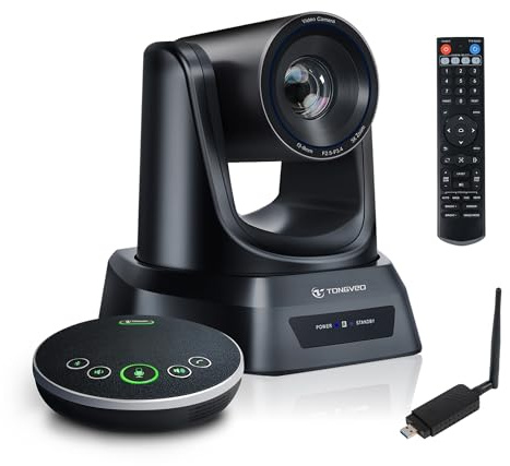 TONGVEO Wireless AI PTZ 20X Camera System with Auto Tracking Built-in Receiver & Bluetooth Speakerphone, 5.8GHz 1080P 60fps Conference Camera for Church Zoom, OBS Meetings