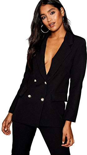 BIWTUP Womens Ladies Double Breasted Military Gold Button Collared Duster Jacket Blazer 8-26 (Black, UK 16-18 XL)