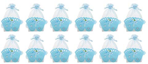 Tubayia - 12 sacchetti in organza per neonati e bambini, motivo: impronta di piede, colore: blu