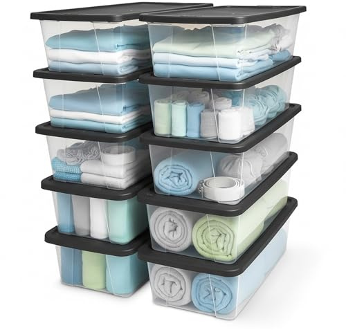HOMZ 10-Pack Snaplock, Small Clear Plastic Storage Organizer Bins w/Lids, 6 Quart, Gray - Stackable Container Boxes for Bedroom, Bathroom, Garage, and Office Organization