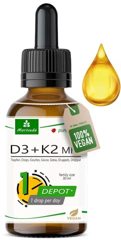 Vegane Vitamin D3 + K2 Tropfen - 1700 Tropfen - 1000 I.E. D3 + 20µg K2 MK7 pro Tropfen - 50ml Flasche von MoriVeda