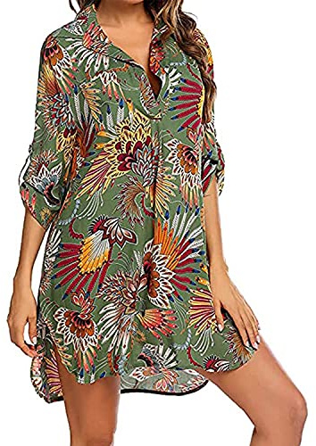 Pareo Plage Mousseline de Soie Robe de Plage pour Femmes V-Cou Bikini Cache-Maillots Chemise Robe Cache Couvrir Beach Maillots de Bain Cover Up Coton Mélangé V-Cou Manche 3/4