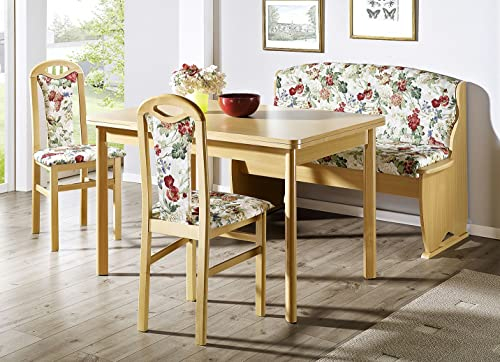 HOWE-Deko Einzelbankgruppe, Buche Natur Dekor, Einzelbank mit Truhe, Vierfußtisch und 2 Stühle; Bezug: Flachgewebe cremeweiß-floral