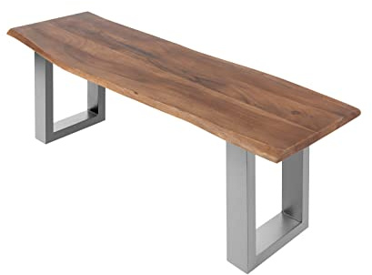 SAM Esszimmerbank 120x42 cm Chicago, Akazienholz nussbaumfarben, Massive Holzbank mit echter Baumkante, Baumkantenbank mit U-Gestell Silber, Sitzbank mit 26 mm Platte