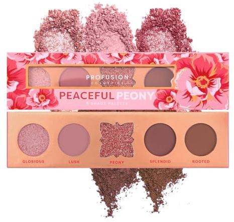 Profusion Cosmetics Blooming Hues - 5 Highly Pigmented Shades Eyeshadow Palette with Built-In Mirror, Multi-Finish & Long-Wearing Formula, Blendable, Vegan & Cruelty-Free Makeup (Peaceful Peony)