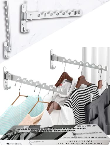 Dr.DJ Wall Mount Coat Hanger Holder Silver Clothes Drying Organizer Rack Garment Hooks Aluminium Retractable Folding Indoor Wall Mounted Hanger Space Saver for Laundry Room Bedroom (2 Racks) Silver