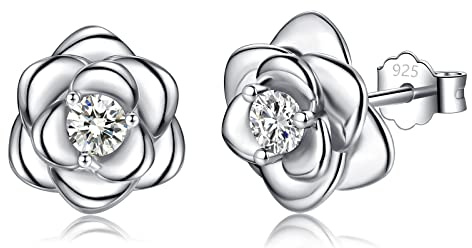 Sterling Silver Stud Earrings for Women, Silver Flower Cubic Zirconia Hypoallergenic Helix Cartilage Earrings Jewelry Gifts for Girls (Silver, Gold, Rose Gold)