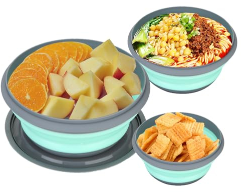 Lot de 3 bols pliables - En silicone - Portables - Ronds - Accessoires de pique-nique - Pour cuisine, école, plein air, camping