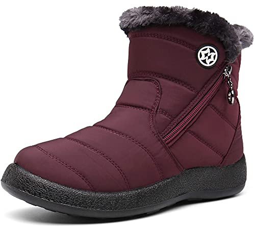 Gaatpot Damen Winterstiefel Wasserdicht Warm gefütterte Schneestiefel Winterschuhe Winter Kurzschaft Stiefel Boots Weinrot 37