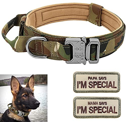 Hundehalsband Verstellbar mit Kontrollgriff, Taktisch Halsband Nylon, Hunde Halsband Gepolstert, Metallschnalle, für Mittlere Große Hunde Jagd Training Outdoor, Grün L